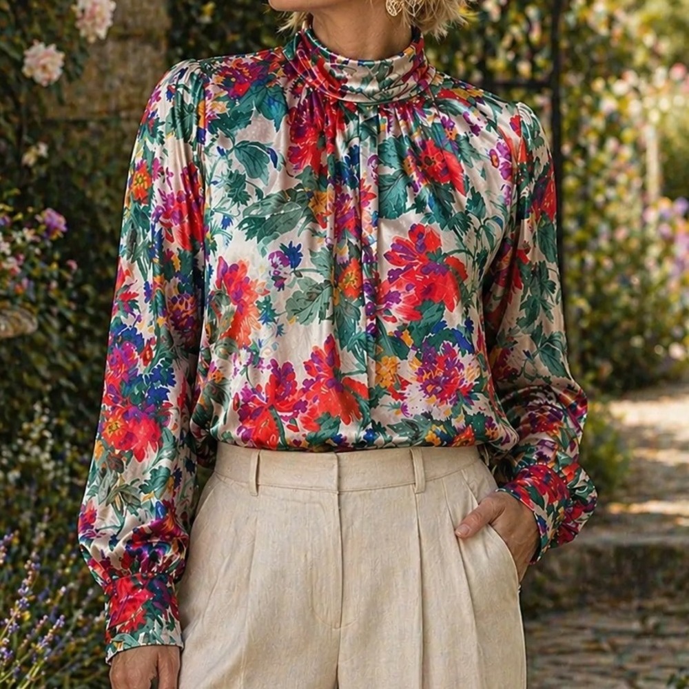Vintage 90s Size Large 14 Ruched Neck Blouse Floral Print Silky Feel Power Top